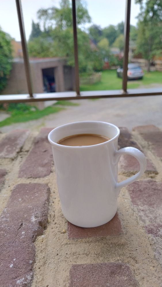 Ein weißer Kaffeebecher mit Milchkaffee steht auf Backsteinen vor einem Metallgeländer. Dahinter eine Garage und grüne Bäume und Büsche.