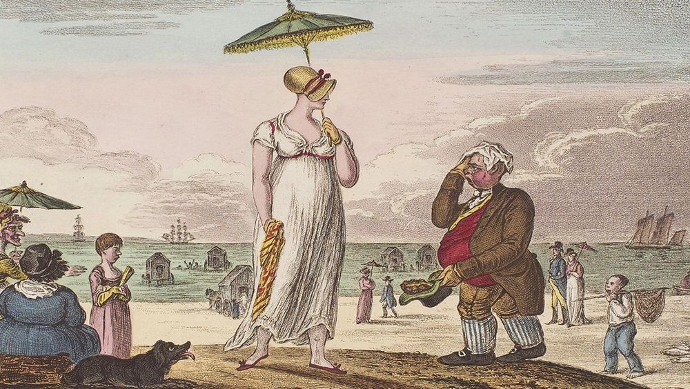 1816 caricature, "The Calm," by James Gillray. It shows a seaside scene with ships, bathing machines, a fisherman, and beachgoers. In the foreground, a woman in a white Regency dress carries a parasol to protect herself from the sun, and a portly man removes his hat and wig to mop his sweating head. 
