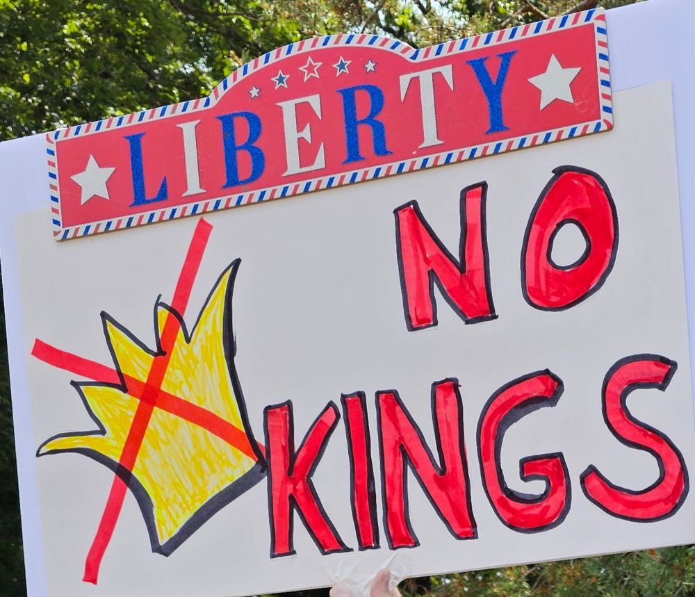 A sign from a No Kings rally with a crossed-out crown and the words "LIBERTY" and "NO KINGS."
