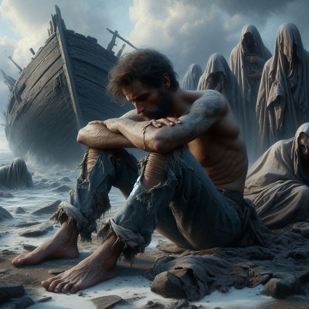 a shirtless man with ragged jeans sitting on the ground with elbows resting on knees pulled up. his mood is pensive and distant. He sits on a rocky beach with a derelict wooden ship behind him and ghostly robed figures with faces obscured standing as sentinels in back of him