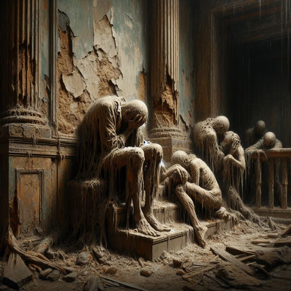 A white statuesque figure with ragged clothes and bare feet sitting on a step, bowed over with face hidden. The step is backed against an interior wall with crumbling plaster and torn wall paper. He is flanked by two broken pillars while a group of other similar figures huddle near him with their faces obscured. An unknown ligh source creates deep shadows. The palette is composed of light tans with sky blue wallpaper.
