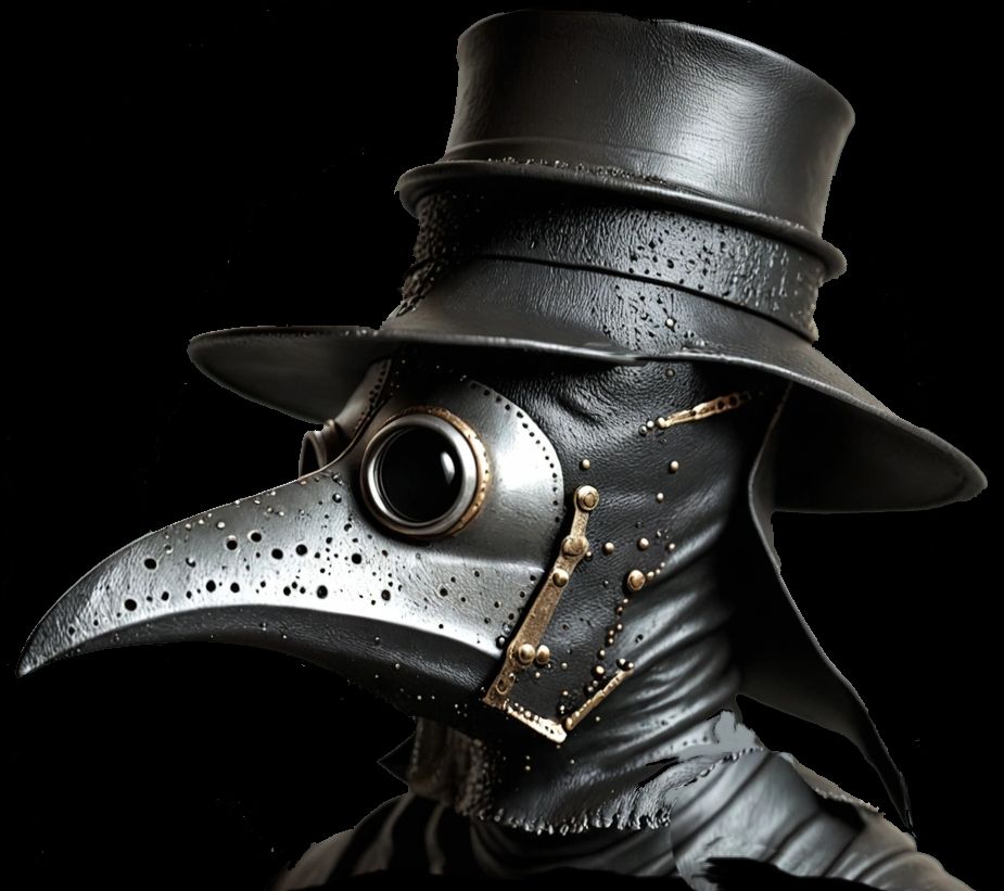 The head of a plague doctor with curved silver beak, large black eyes, and tall black top hat. The face and neck are wrapped in studded black leather.