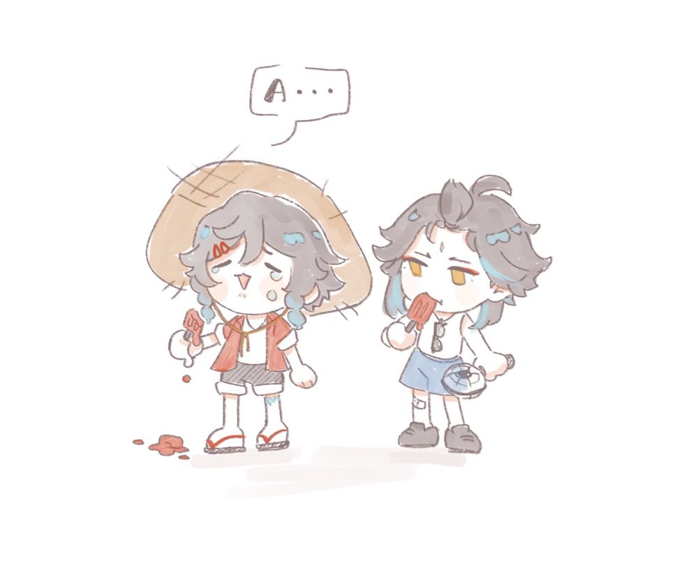 Venti and Xiao in summer attire eating popsicles. Half of Venti’s popsicle has melted and fallen before he can even eat it.