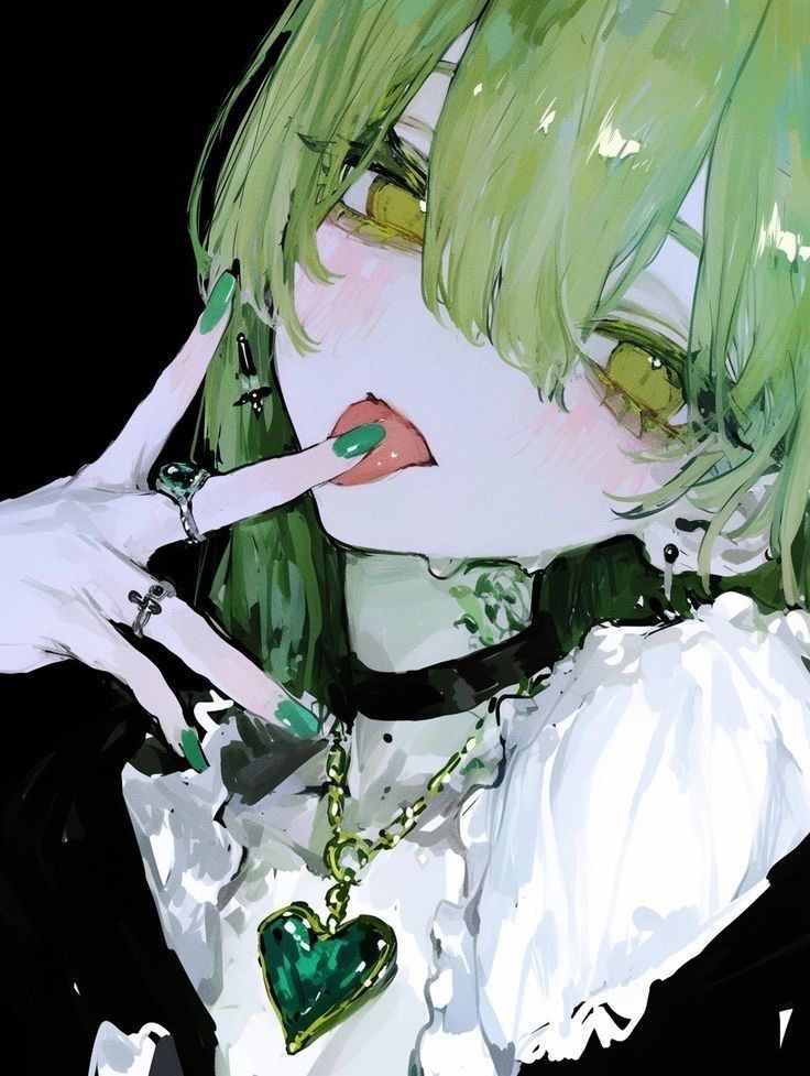 A green-haired girl in black and white clothes, wearing a dark choker and a green heart shaped necklace. She's doing the V sign and licking one of her fingers.