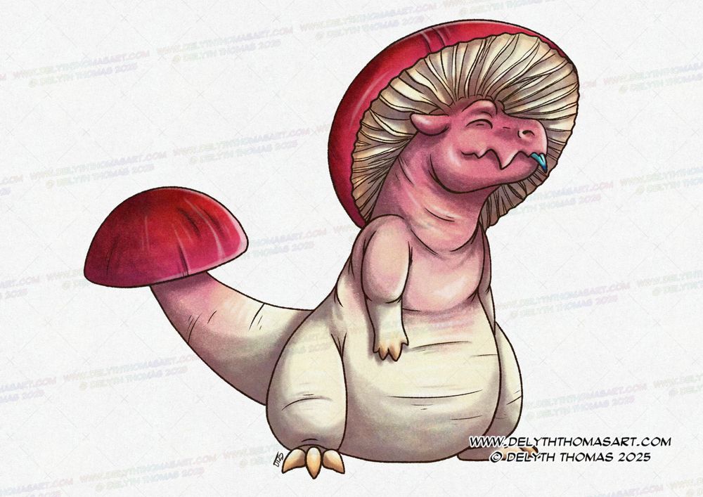 A chubby mushroom dragon with a reddy pink cap on its head and tail, pale cream coloured body.
