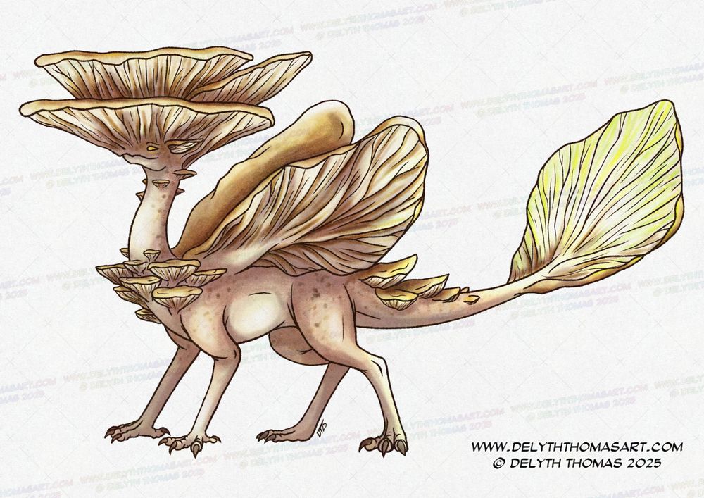 A dusty brown dragon with mushroom like hat and wings, with a glowing bracket on their tail