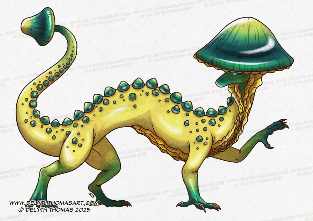 A long slim mushroom dragon with a yellow body and bluey green mushroom caps