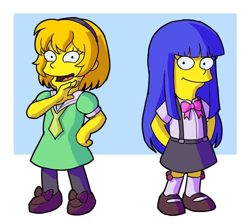 Satoko and Rika drawn in The Simpsons art style 