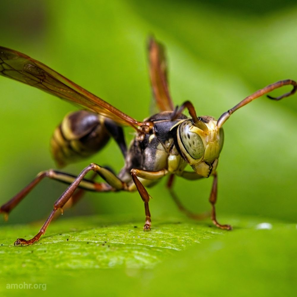 A close shot of a wasp resting on a green leaf. Its body is tawny yellow and aged bronze. Its eyes are pale jade green. Its long curled antennae, straight wings and long legs are a red copper. Its narrow arched waist and abdomen give it a distinctive look.