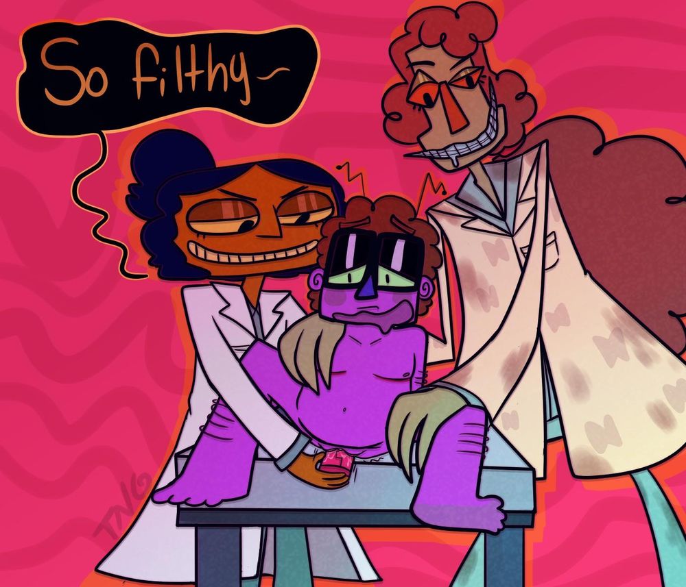 Habit and Kamal teasing Dr. Roach on an examination table with a sex toy.