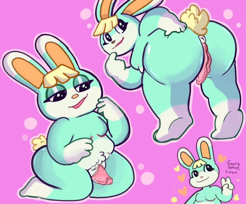 A digital color drawing illustration of Sasha from Animal Crossing completely nude, having top-surgery scars, with his huge T-dick erect. One pose is him on his knees appreciating his erection and the top right corner is him spreading his cheeks, showing off his pussy as hell.

On the bottom he's holding up a peace sign.