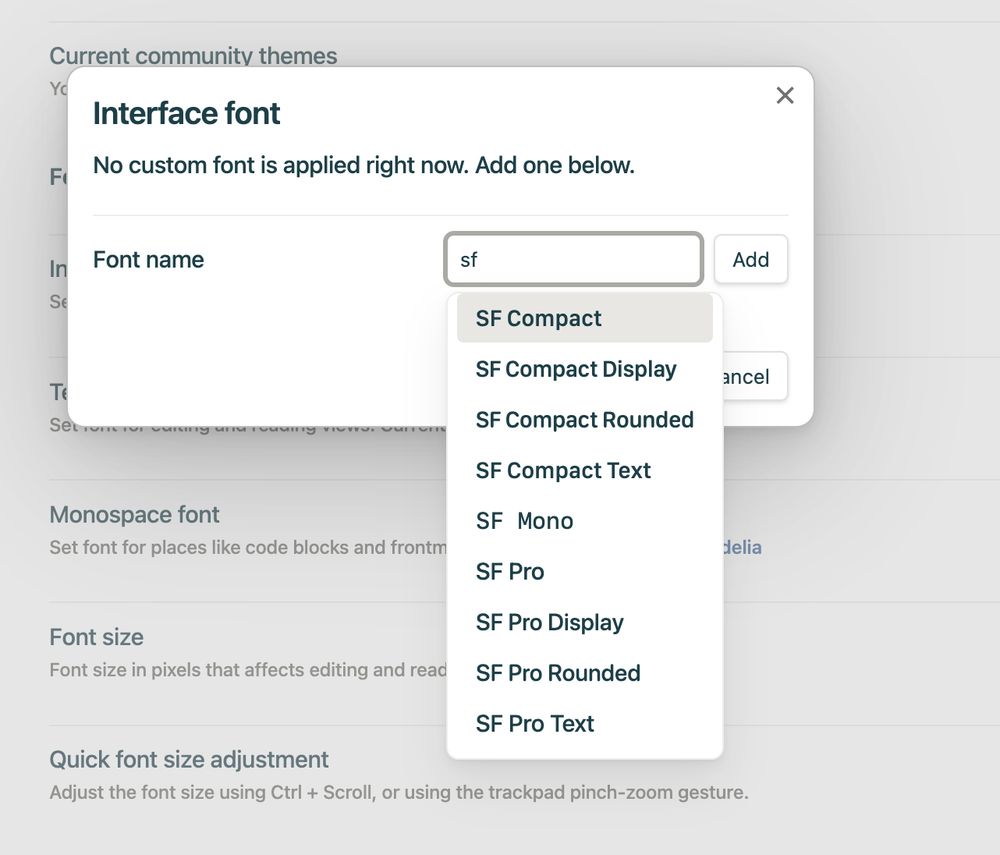 Obsidian font name dropdown showing other fonts (beyond starting with M) only when you type their first letters. E.g. SF → SF Compact, etc.
