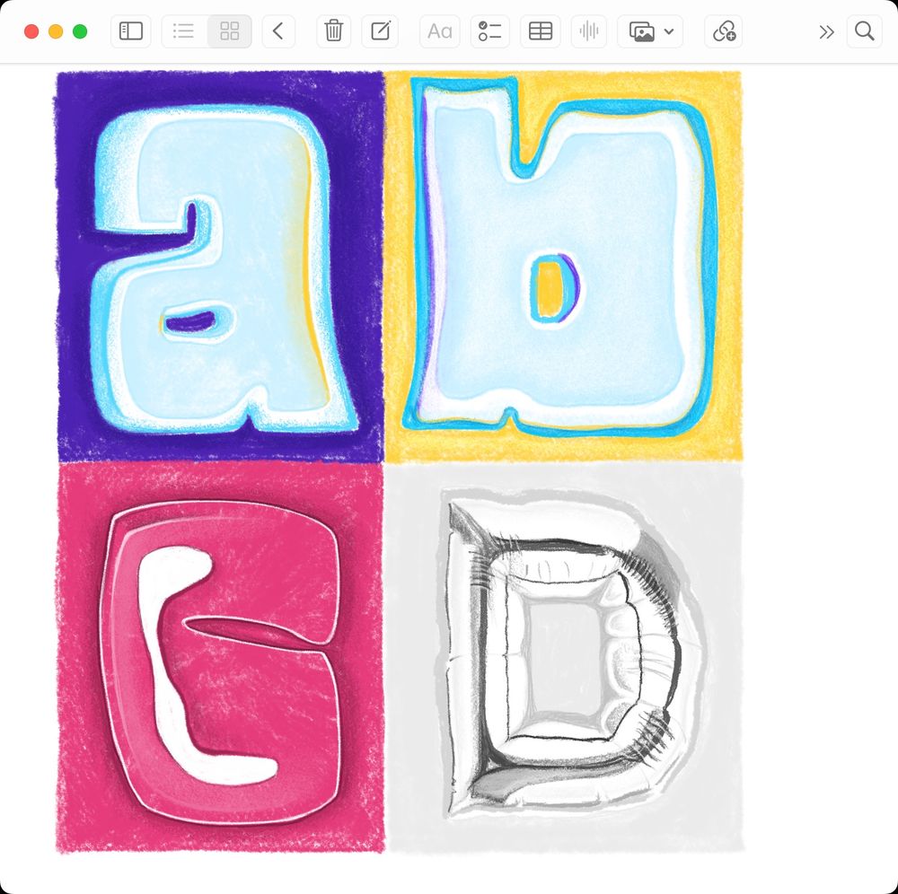 A digital art piece featuring four stylized letters in a 2x2 grid, each within a colored square. Top left: 'a' in blue, top right: 'b' in yellow, bottom left: 'c' in red, bottom right: 'd' in grey, all drawn with a textured, chalk-like effect.