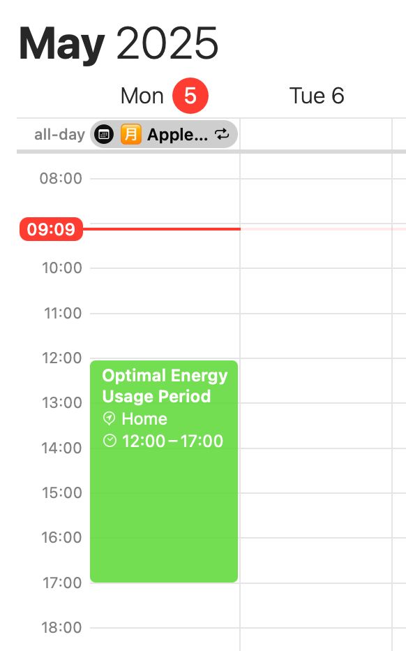 The image shows a digital calendar for May 2025, specifically highlighting Monday, the 5th. The current time is marked at 09:09 with a red line. There is a green event block labeled "Optimal Energy Usage Period" scheduled from 12:00 to 17:00. The event is set at "Home," as indicated by an icon, and it spans a total of five hours.


