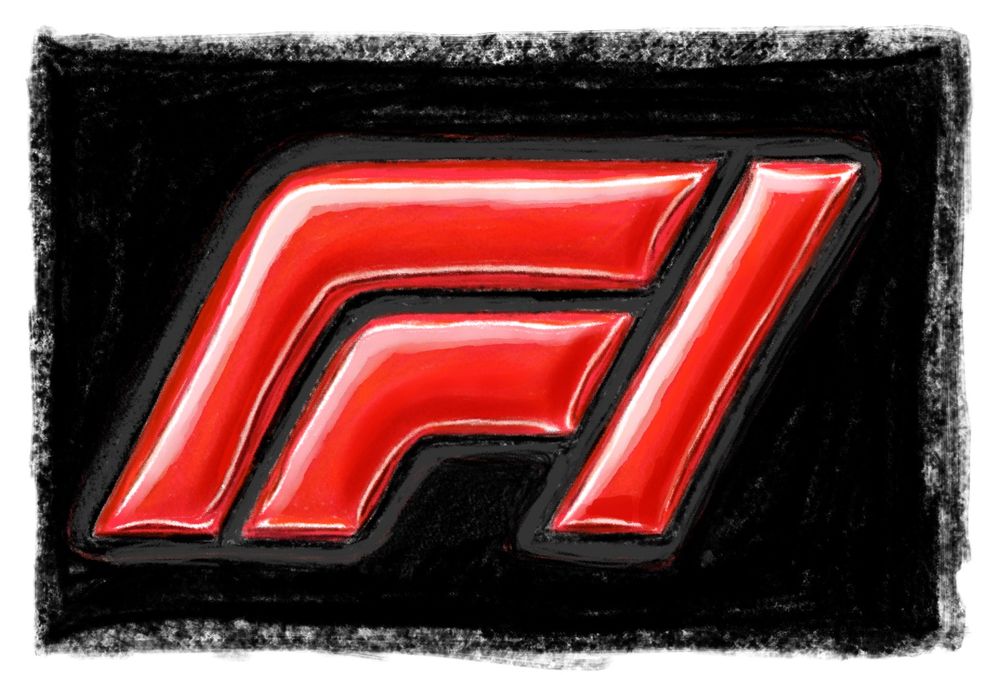 An illustration of a stylized, glossy red letters "F1" inside a thick black border, featuring a three-dimensional effect with shading and highlights.