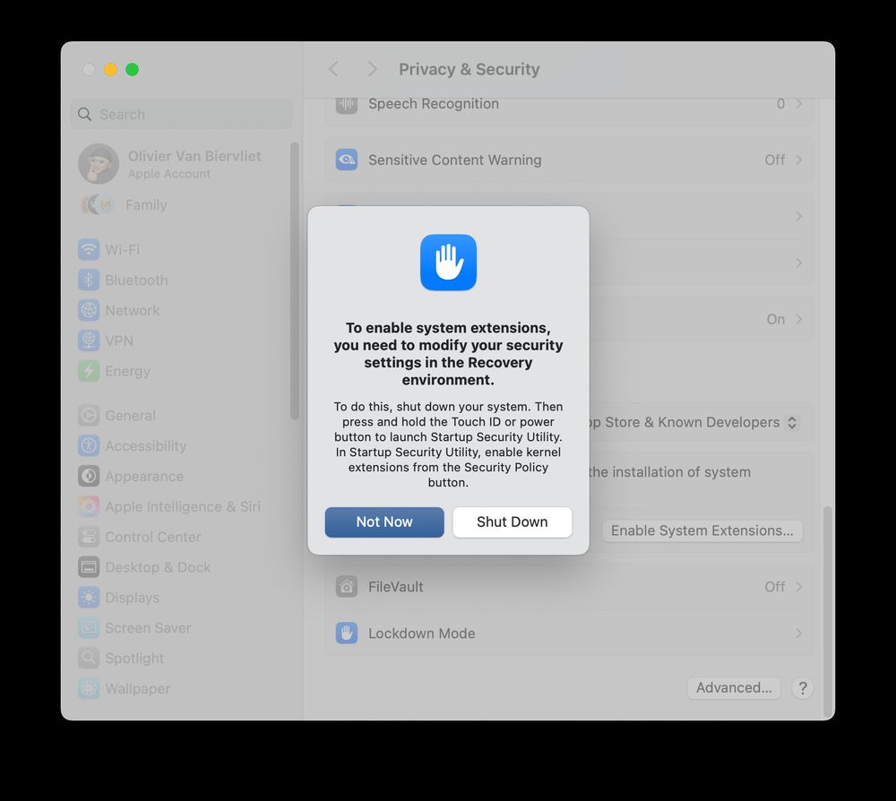 macOS modal in Privacy & Security pane:
To enable system extensions, you need to modify your security settings in the Recovery environment.
(it then describes how to reboot with Touch ID to enable kernel extensions)