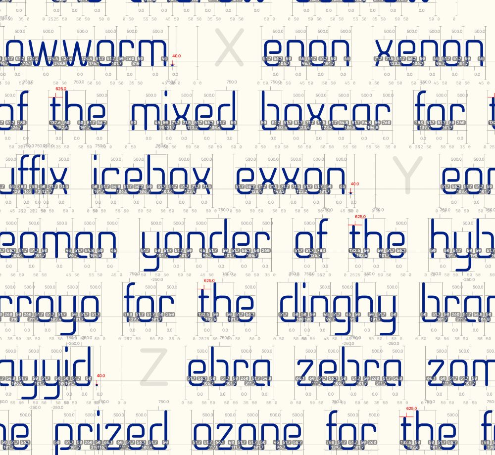 A complex grid image featuring text snippets and typographic design elements. Various words in English, such as "mixed," "yonder," and "zebra," appear repeatedly over a coordinate grid, interspersed with numerical values and blue-colored design markers. The capitals "X", "Y", and "Z" are missing.