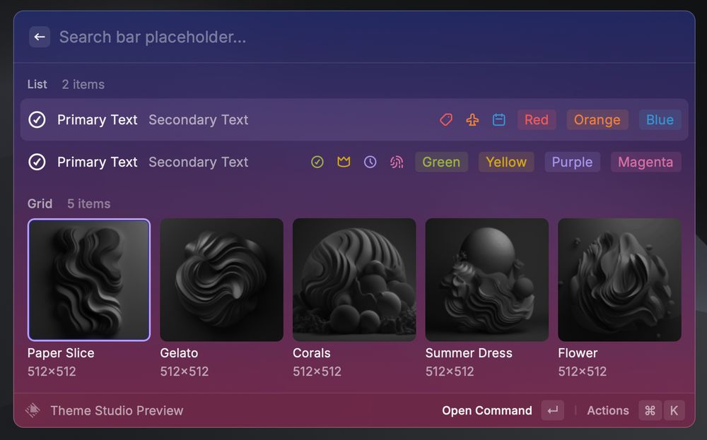 Preview of a custom theme for Raycast.so, with a top-down gradient of dark purple to dark red.
