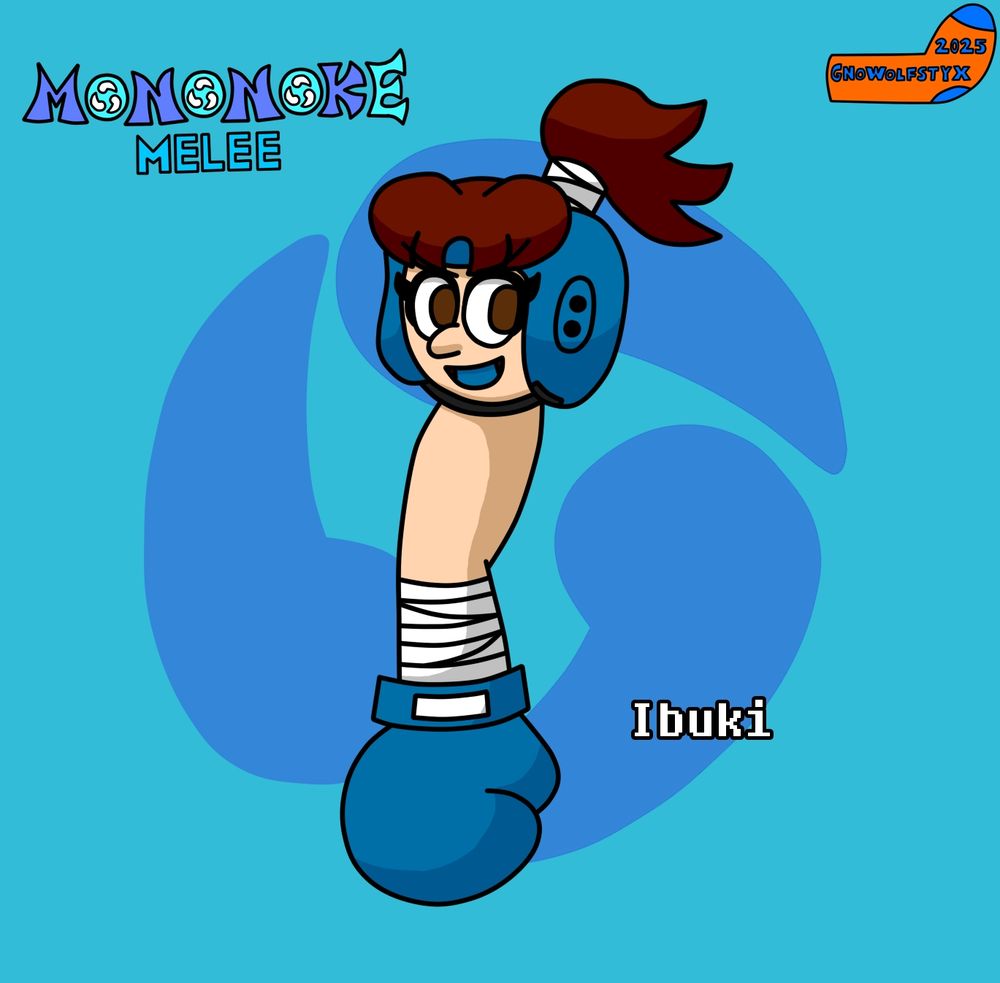 Ibuki, a tekubi who resembles an arm with a human head on top of it 
She has brown hair and eyes
She is wearing a blue head guard and mouth protector 
She has bandages tied up in her hair as a ponytail and wrapped around her arm