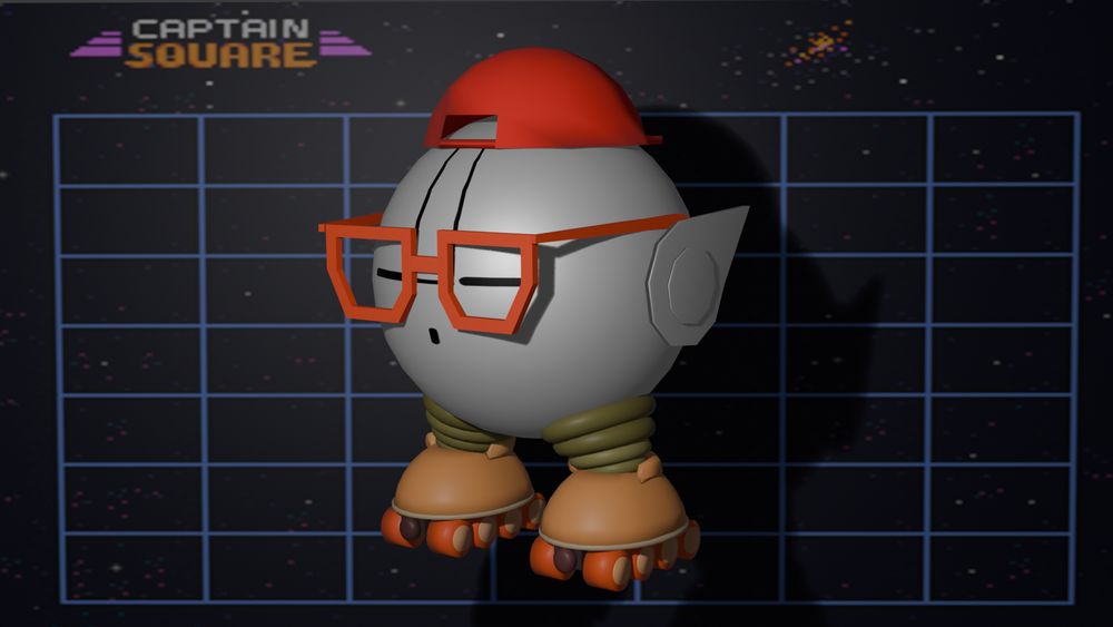 A 3D model of the robot, Cube from the game, Live A Live
Behind it is the background from the minigame, Captain Square
