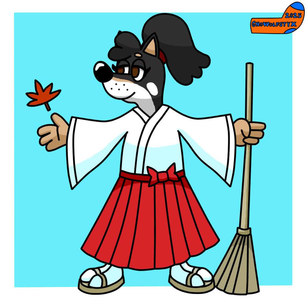 Shiori, a black and tan Shiba Inugami wearing a white kosode, red hakama, white tabi and zori on her feet
She has a ponytail tied up with a red ribbon and is carrying a broomstick
A red leaf falls onto her right hand