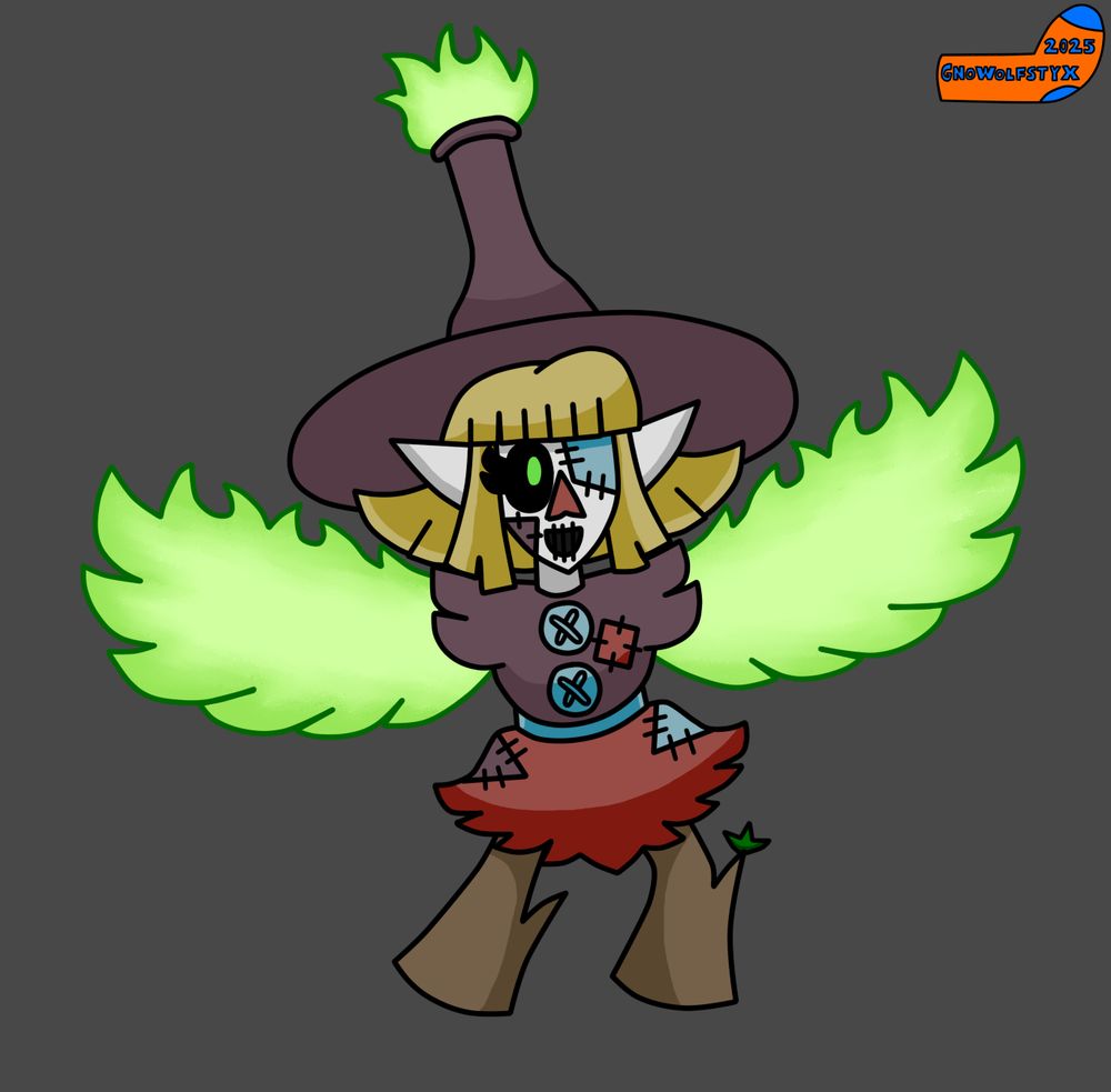 Poppet with bright green, flaming wings covering her arms