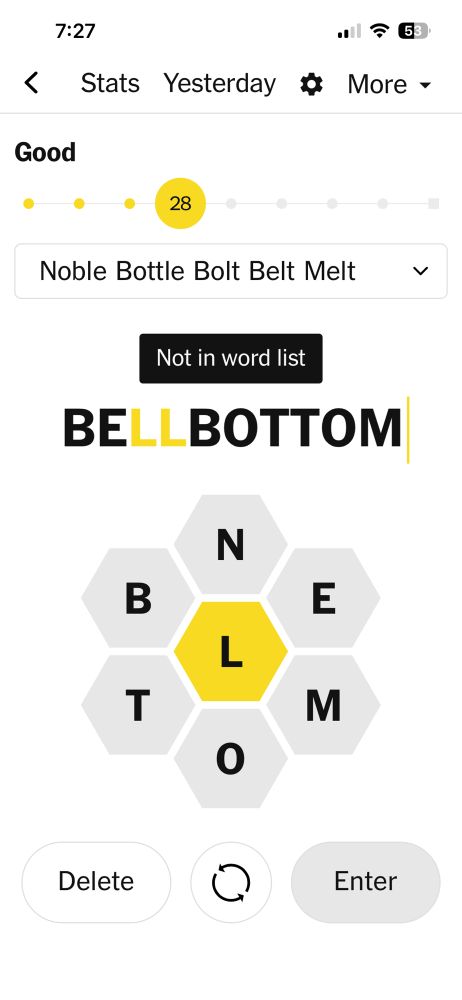 The NYT spelling bee game with the letters NEMONTB around an L in yellow. Above that "NOT IN WORD LIST"  above the word BELLBOTTOM.