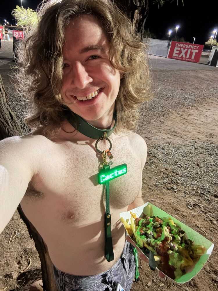 It's me, standing out in the open against a tree, I am holding a tray of carne asada fries. I think the other important point is that I'm shirtless and wearing a thick green leather collar with gold accents and accompanying short leash. It's a real shame that I can have my tits out but others can't