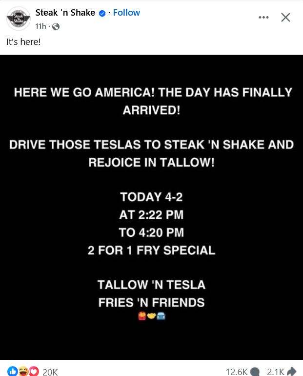 Steak and Shake promotional ad to drive Teslas in for special deals