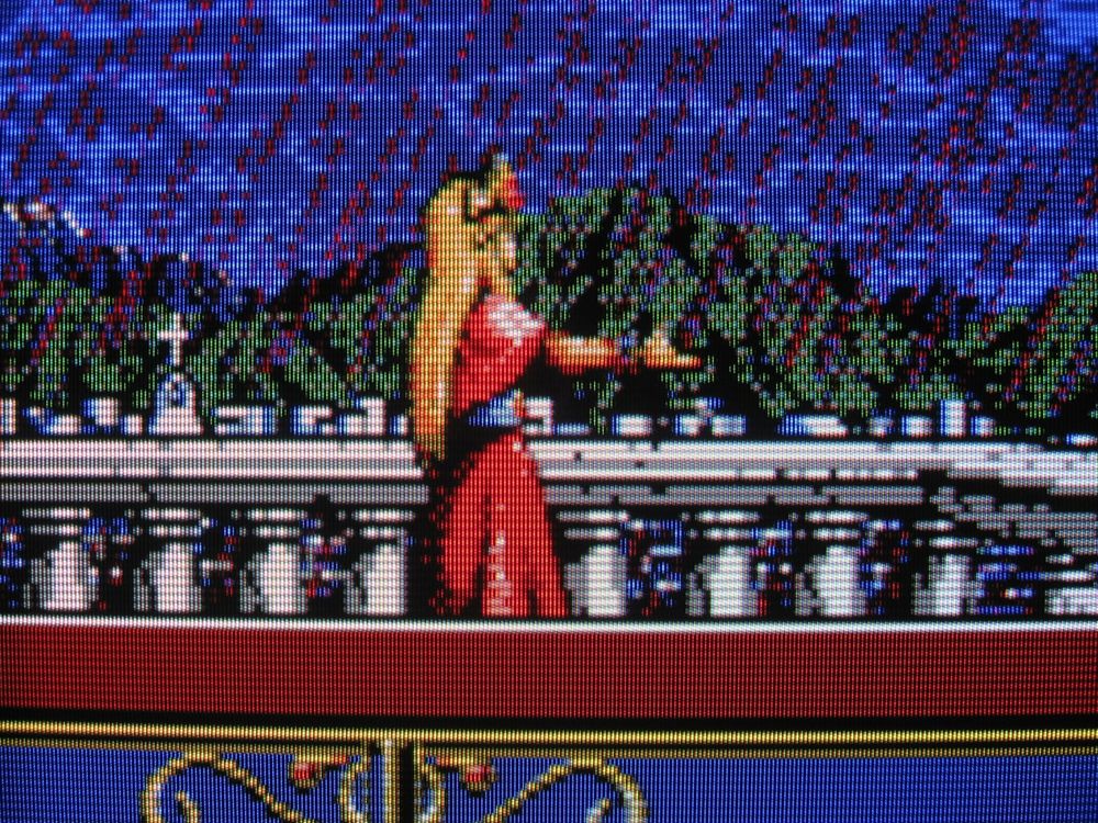From earlier in the opening anime-style cutscene, just before the demon Jashiin turns her to stone, Princess Felicia stands on the castle balcony as a heavy rain turns into what appears to be blood. In the theater of my mind, a MIDI version of the Slayer song "Raining Blood" plays. It rules.
