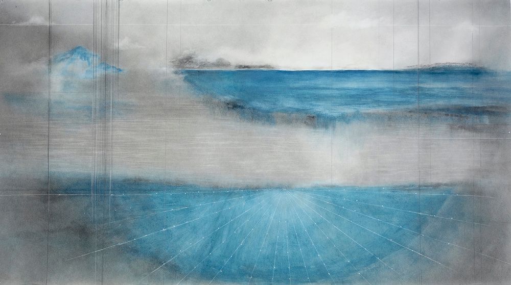  Grey and blue graphite drawing of form of water
