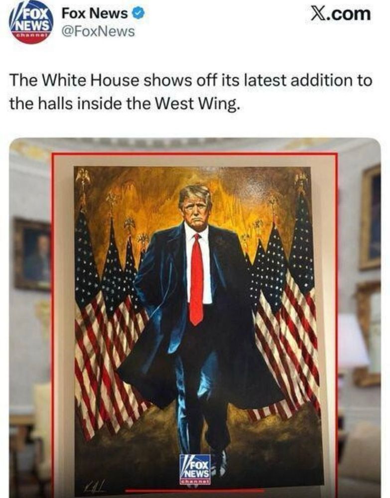 Tweet from Fox News: The White House shows off its latest addition to the halls inside the West Wing. Attached is the image of a painting of Donald Trump in a suit and overcoat walking towards the viewer. Behind him are American flags, behind that is what appears to be a city on fire in the background.