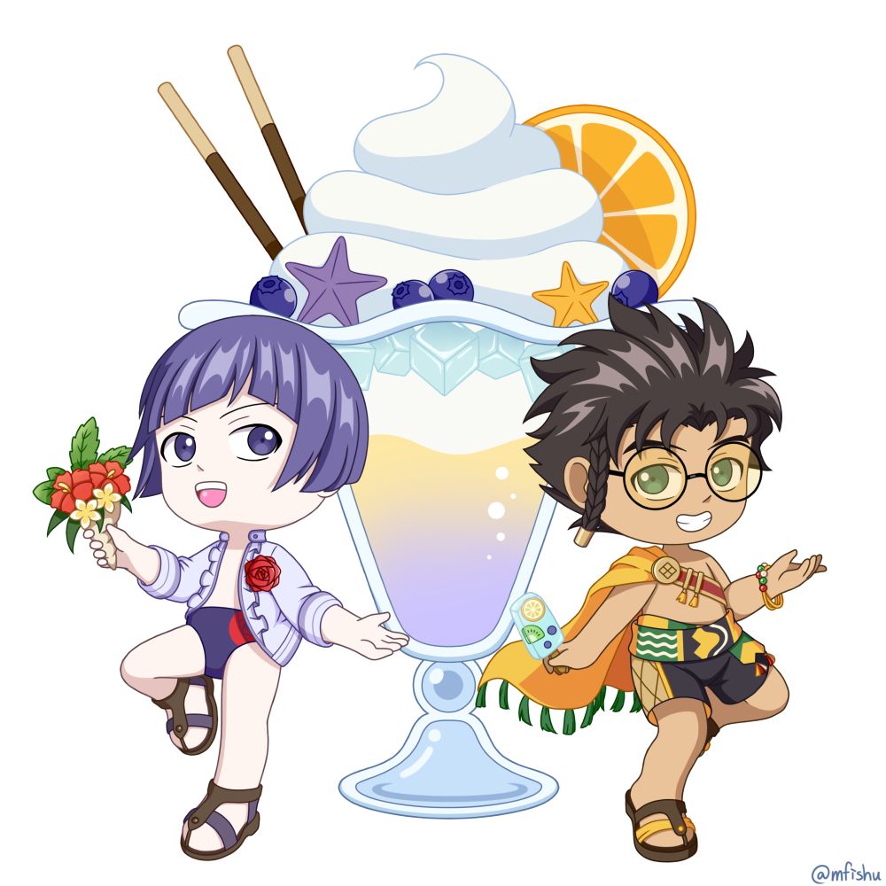 (Claurenz) A chibi drawing of Lorenz Hellman Gloucester (left) and Claude von Riegan (right) from Fire Emblem Three Houses (pre-timeskip). They are wearing swimsuits. Behind them is a giant ice cream-themed drink that features purple/yellow elements.