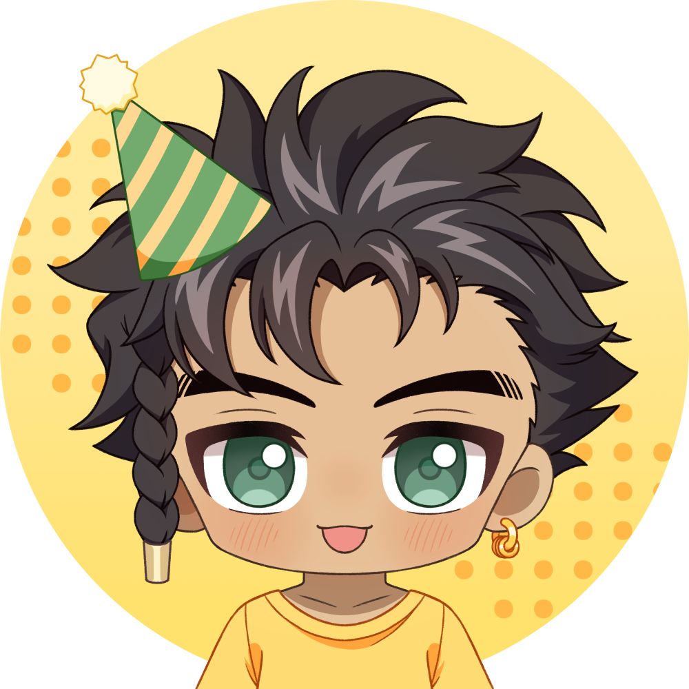 A chibi portrait drawing of Claude von Riegan from Fire Emblem Three Houses (pre-timeskip), he is wearing a party hat.