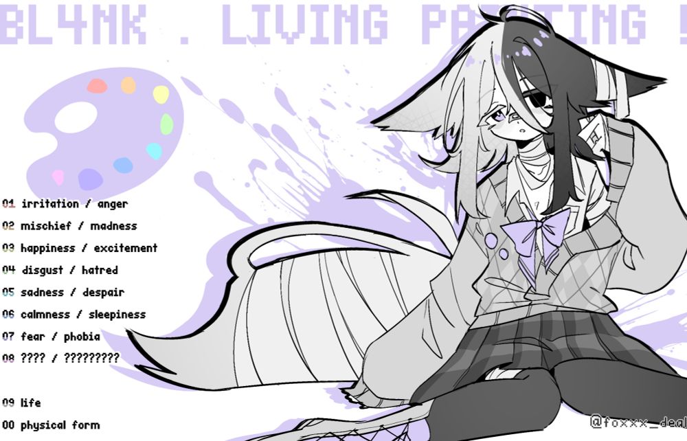 изображение бл4нк с подписью красок, которые бл4нк пьет, чтобы ощущать эмоции:

01 раздражение / злость
02 озорство / безумие
03 счастье / восторг
04 отвращение / ненависть
05 грусть / отчаяние
06 спокойствие / сонливость
07 страх / фобия
08 ?????? / ???????????

09 жизнь
00 физическая форма