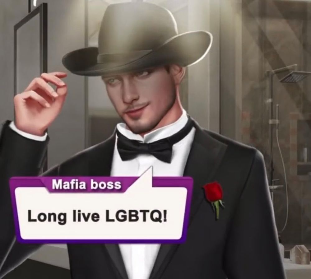screenshot from episode or a ripoff game. a mafia boss in a suit and a fedora says "long live lgbtq!"