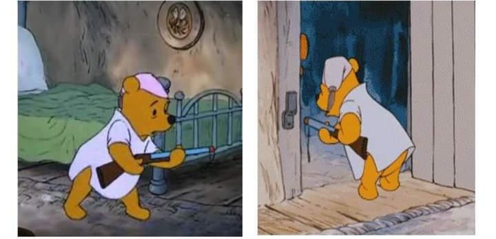 Winnie the Pooh in his pajamas, strapped, and exercising his Second Amendment right. 