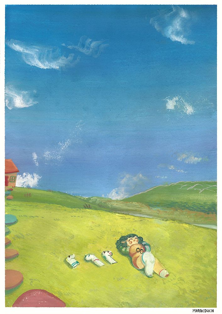 Juleswoosly, a vtuber, lying on outside her house in a green field, with socks representing her viewers. She is sleeping. The blue sky above made her so.