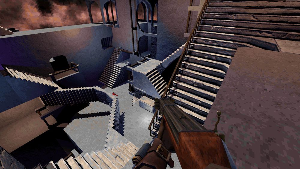Screenshot of KOOK, a Quake-like retro FPS. The scene is full of stairs going every which way, like an M. C. Escher drawing. Gravity can be altered to walk the various paths.