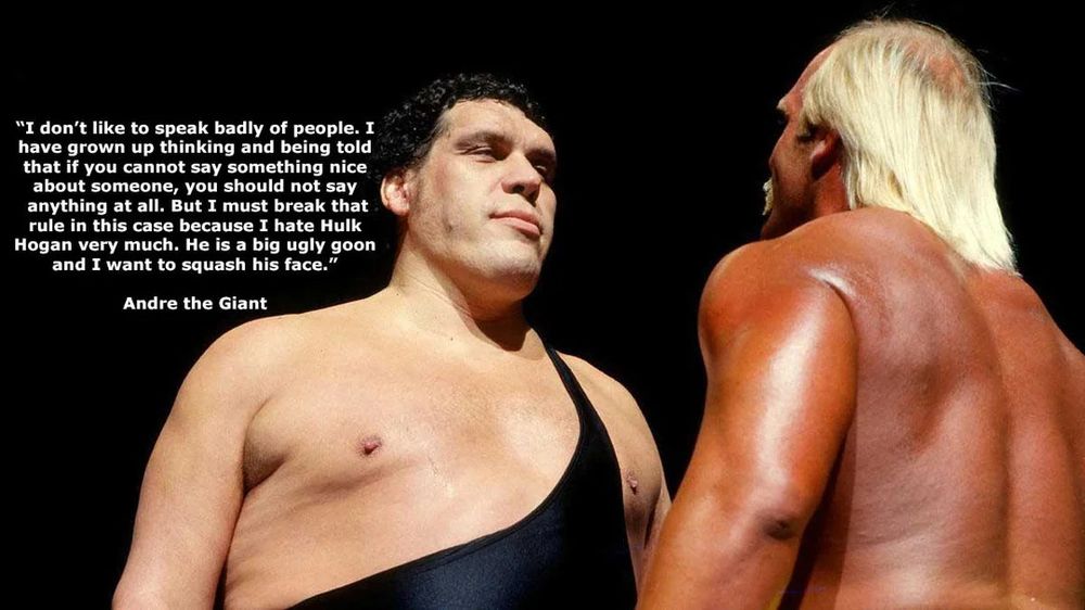 andre the giant: I don't like to speak badly of people I have grown up thinking and being told that if you cannot Say something nice about someone, you should not say anything at all. But I must break that rule in this case because I hate Hulk Hogan very much. He is a big ugly goon and I want to squash his face.