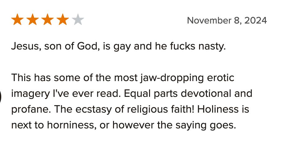 Jesus, son of God, is gay and he fucks nasty.

This has some of the most jaw-dropping erotic imagery I've ever read. Equal parts devotional and profane. The ecstasy of religious faith! Holiness is next to horniness, or however the saying goes.