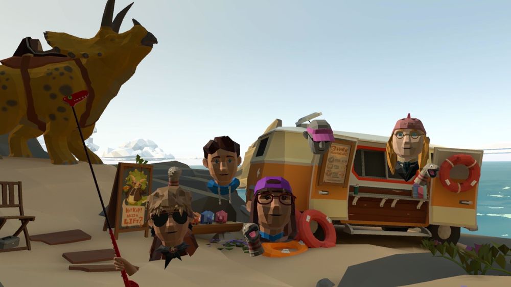 A screenshot from VR walkabout minigolf, showing five avatar heads standing in front of a stall and a dinosaur! The style of the game is low poly and colourful. 