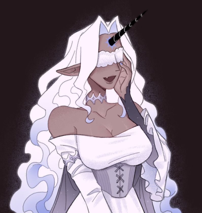 Drawing of Anha, a humanoid unicorn lady with long wavy white hair in a white dress.