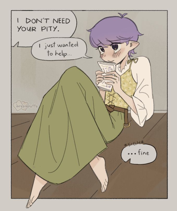 Sketch of Allium, a lady with short purple hair in a cream blouse and green skirt. She's holding onto a handkerchief and her eyes are full of tears.