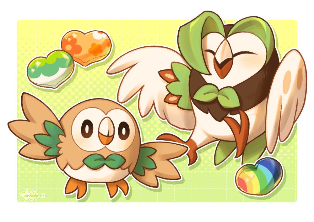 Digital Illustration of the Pokemon Rowlet and Dartrix with 3 different colored Pokebeans.