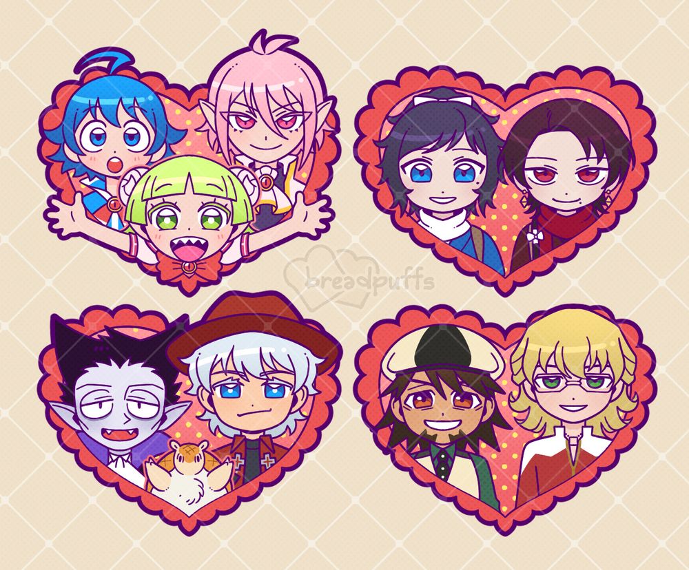 Designs of heart-shaed stickers of multiple fandoms. Top row: Welcome To Demon School Iruma-kun (Iruma, Asmodeus, Clara) -- Touken Ranbu (Yasusada, Kiyomitsu). Bottom row: The Vampire Dies In No Time (Draluc, Ronaldo, John) -- Tiger & Bunny (Kotetsu, Barnaby).
