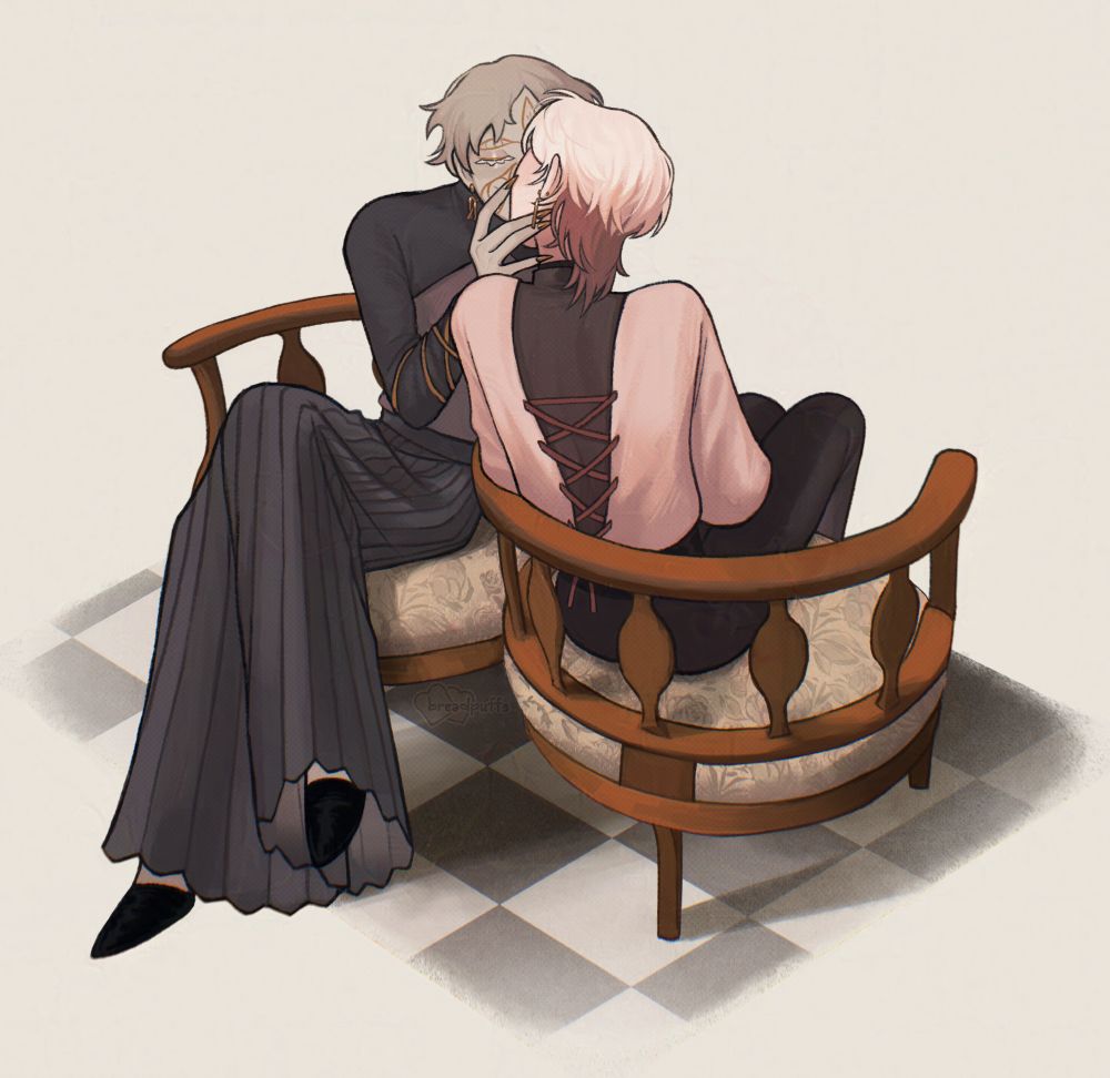 Digital illustration of @sanhocrwpff's original characters Honey and Oliver sitting on chairs that connect to eachother in an S-shape, and their kissing (ugh).

Reference image of the chair taken from: https://x.com/petit_continue/status/1950406701783605532