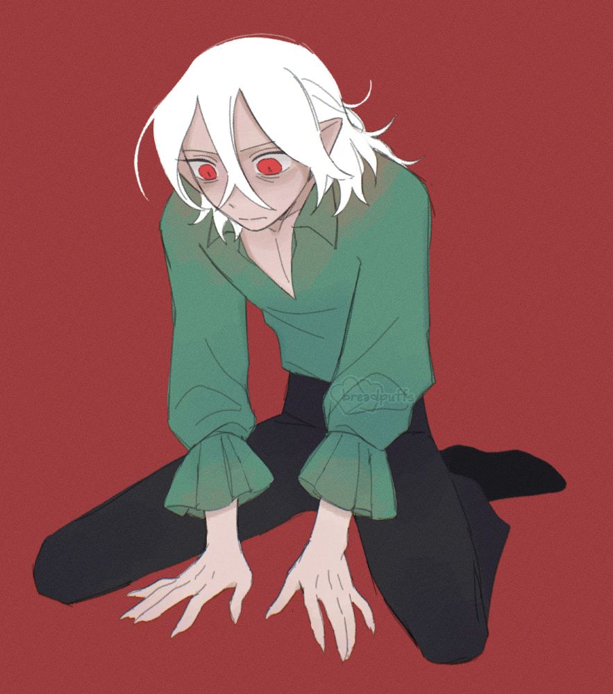 Colored sketch of Andromeda kneeling on the floor, staring blankly in distraught after learning he was turned into a vampire. (This is pre-startouched Andromeda, both eyes are still red.)