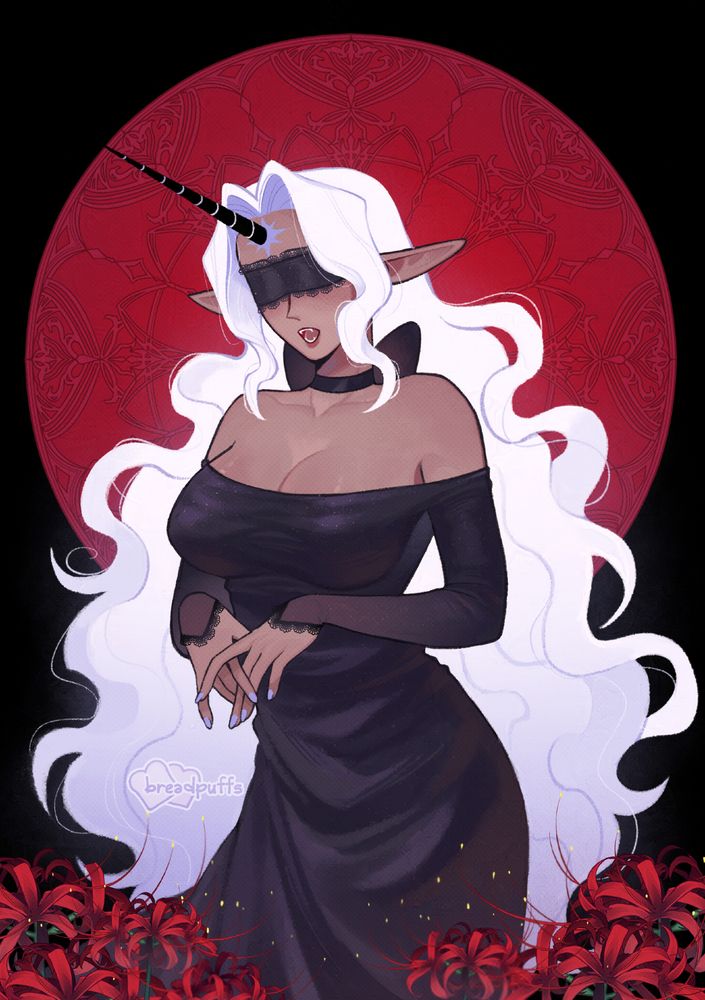 Digital illustration of my original character Anha, a dark skinned humanoid unicorn with long white-lavender wavy hair that has a slight ethereal glow. She is blindfolded with a black laced cloth, wearing a black ribbon around her neck, and adorning a tight off-shoulder black dress that flows from the hips. Anha is standing amongst a field of spider lilies with a large red circle framing her from behind.