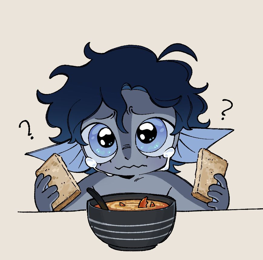 Doodle of a younger Marek crying and staring at the viewer with his big blue eyes, with both hands each holding onto a separate halved piece of toast and a crab chowder in a bowl is placed infront of him.